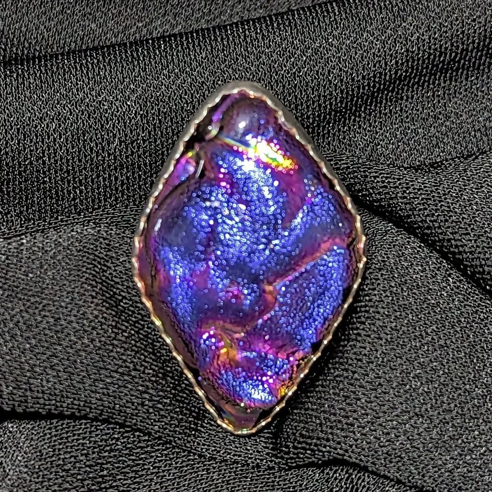 WOW Signed Purple Magenta Dichroic RULA GLASS Sterling Silver Ring Sz 9.5 19.4mm